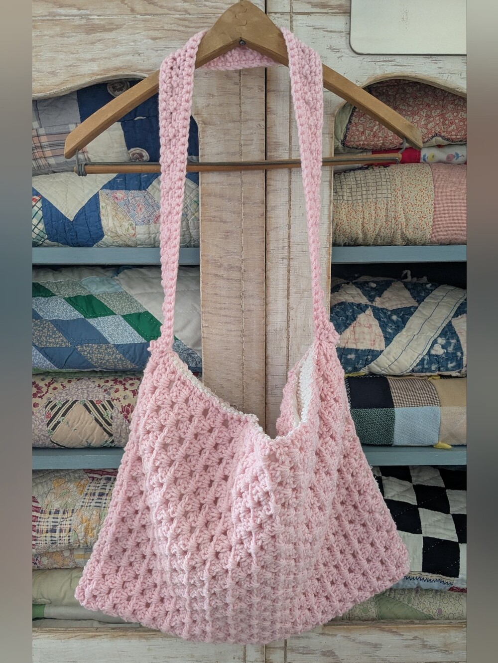 Handmade Pink Crochet Shoulder Tote with Vintage Chenille lining